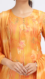 Orange Chinnon Embroidered Straight Kurta Pant and Dupatta Suit Set for women