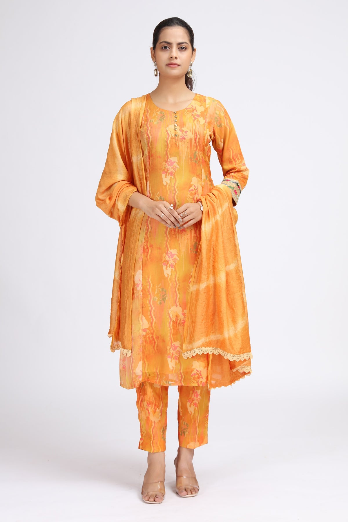 Orange Chinnon Embroidered Straight Kurta Pant and Dupatta Suit Set for women