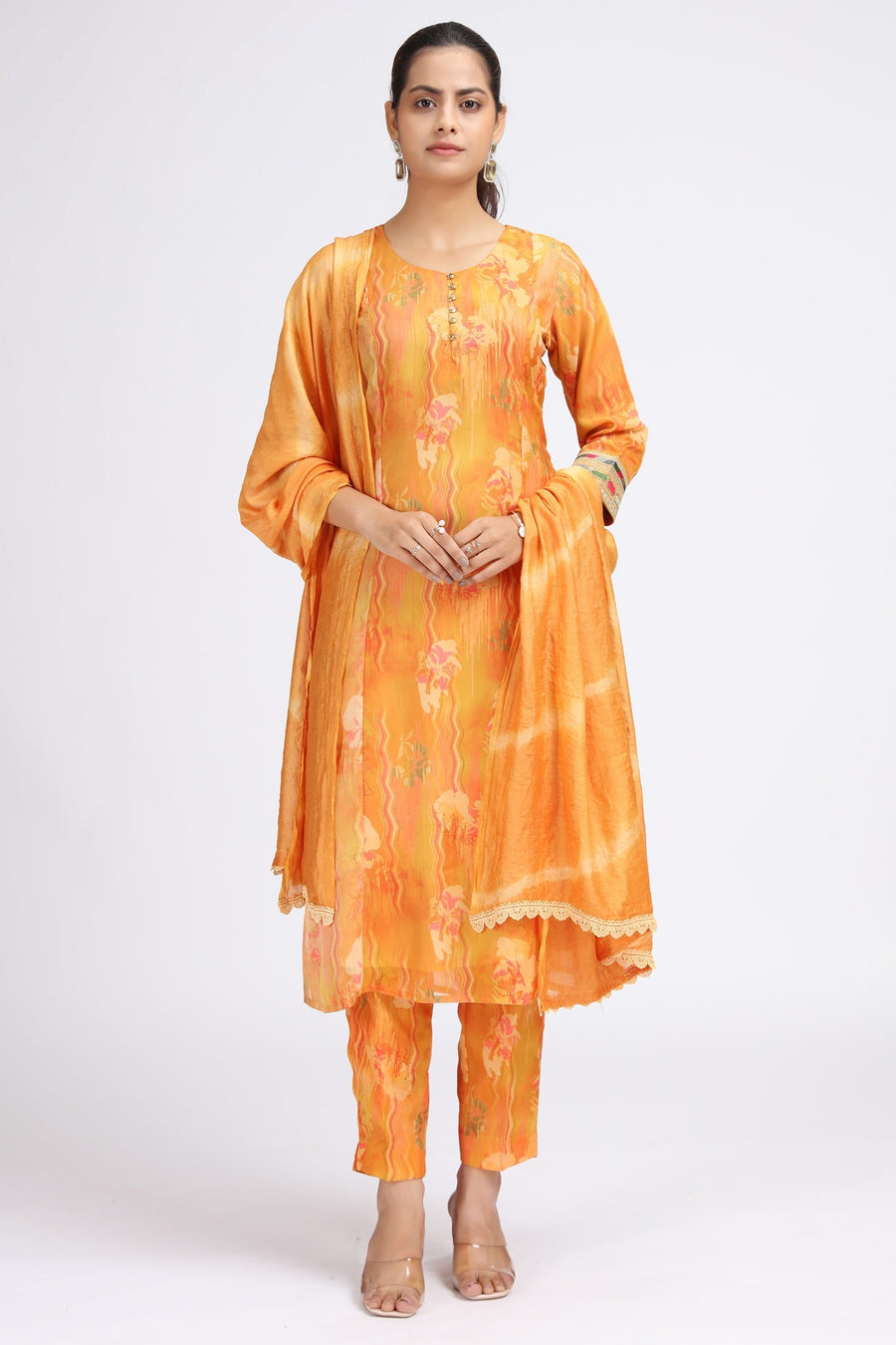 Orange Chinnon Embroidered Straight Kurta Pant and Dupatta Suit Set