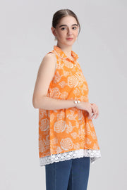 Orange Cotton Printed A Line Short Kurta