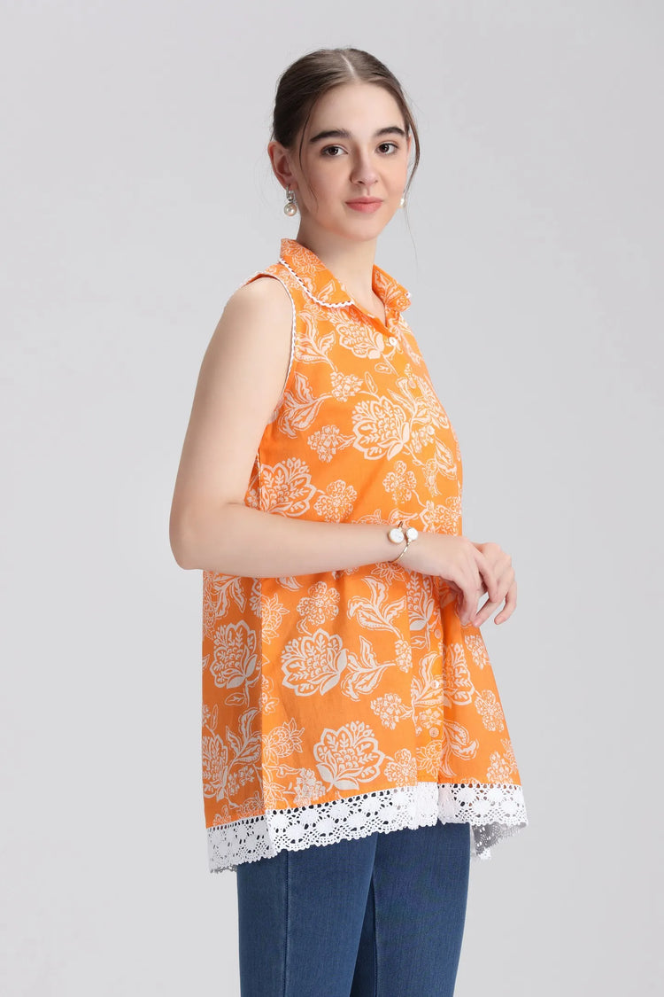 Orange Cotton Printed A Line Short Kurta