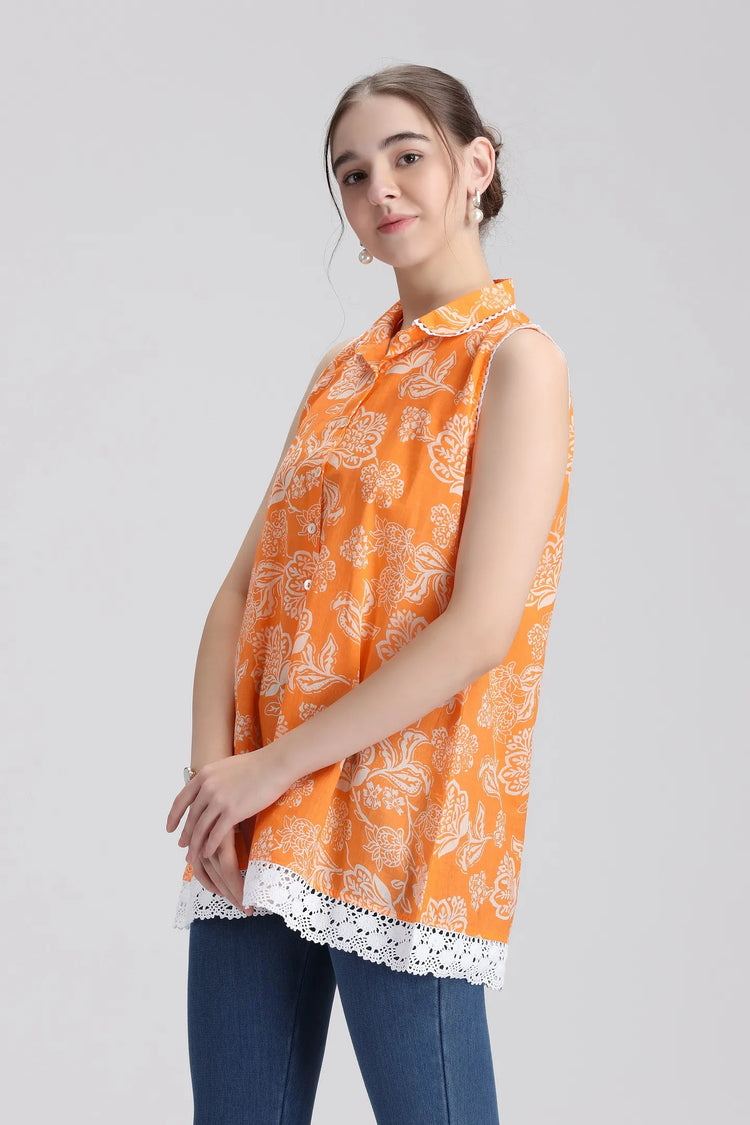 Orange Cotton Printed A Line Short Kurta