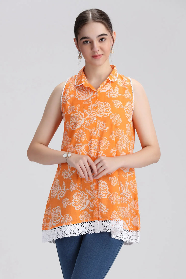 Orange Cotton Printed A Line Short Kurta