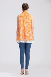 Orange Cotton Printed A Line Short Kurta
