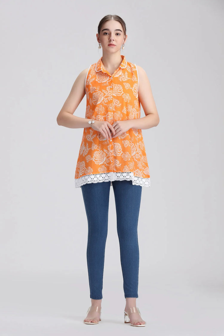 Orange Cotton Printed A Line Short Kurta