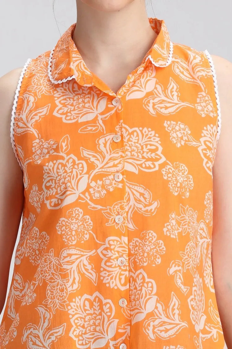 Orange Cotton Printed A Line Short Kurta