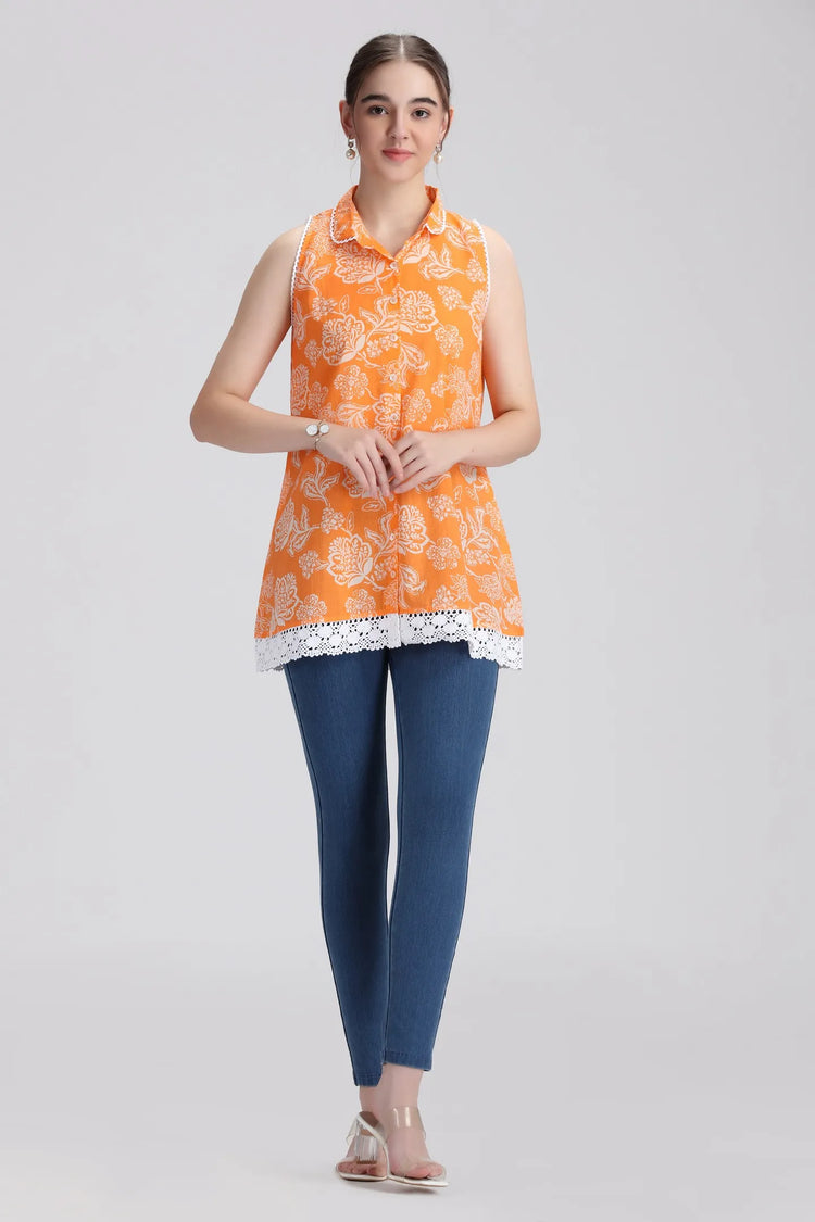 Orange Cotton Printed A Line Short Kurta