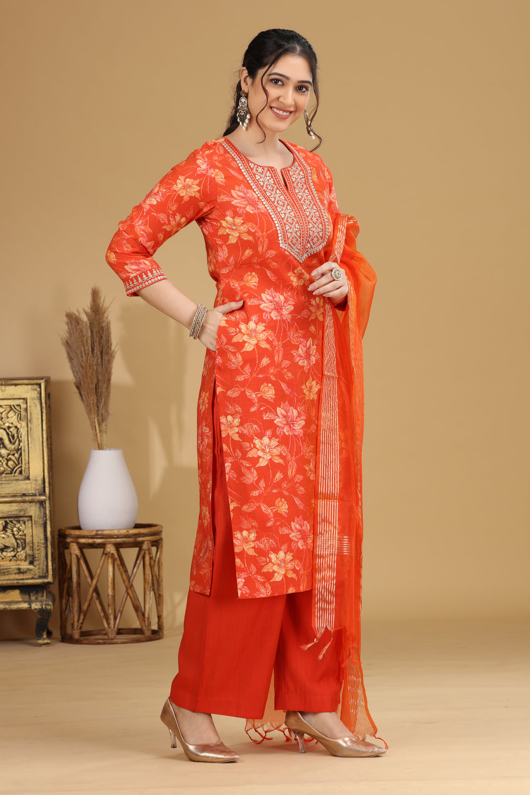 Orange Floral Embroidered Straight Ethnic Set