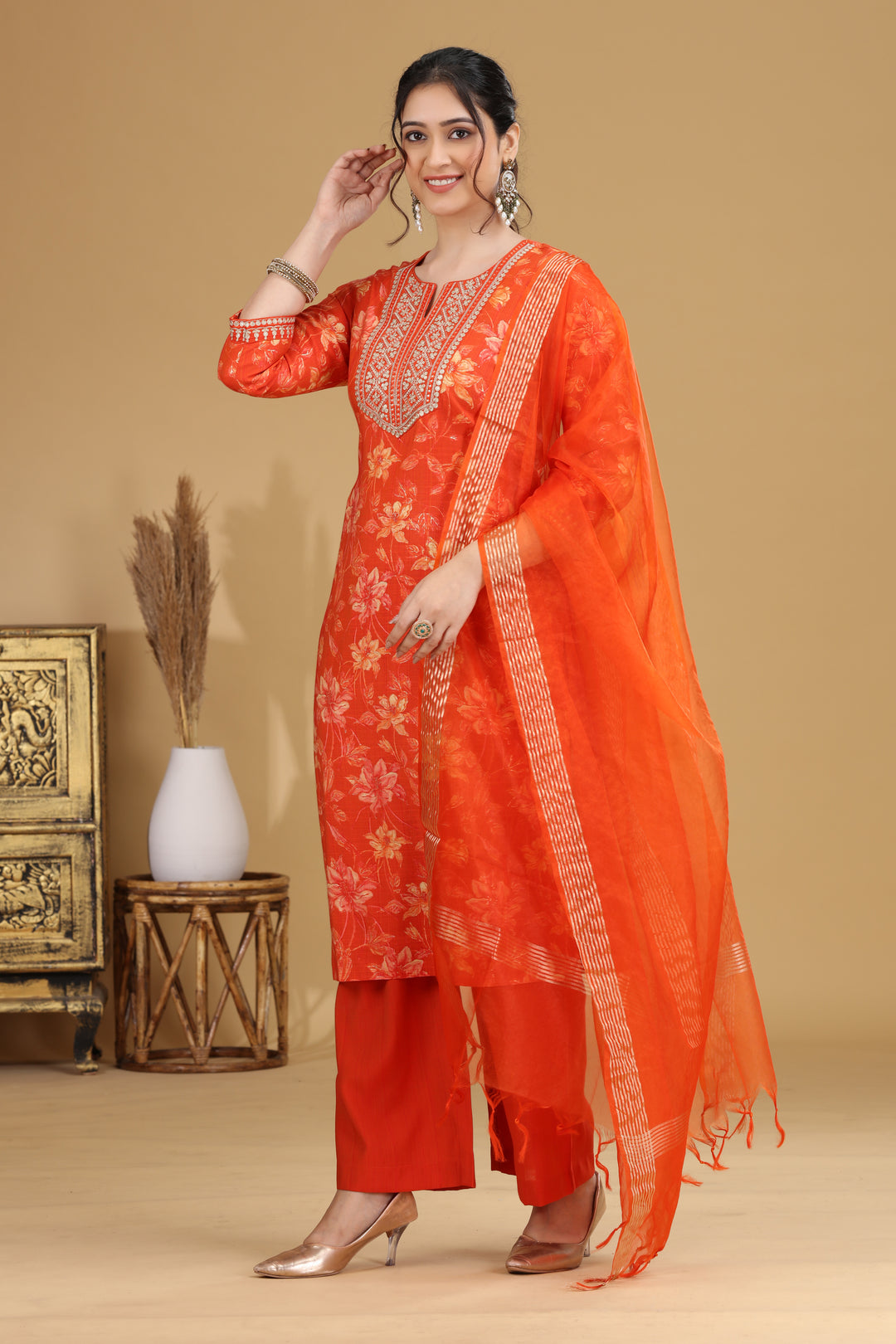Orange Floral Embroidered Straight Ethnic Set