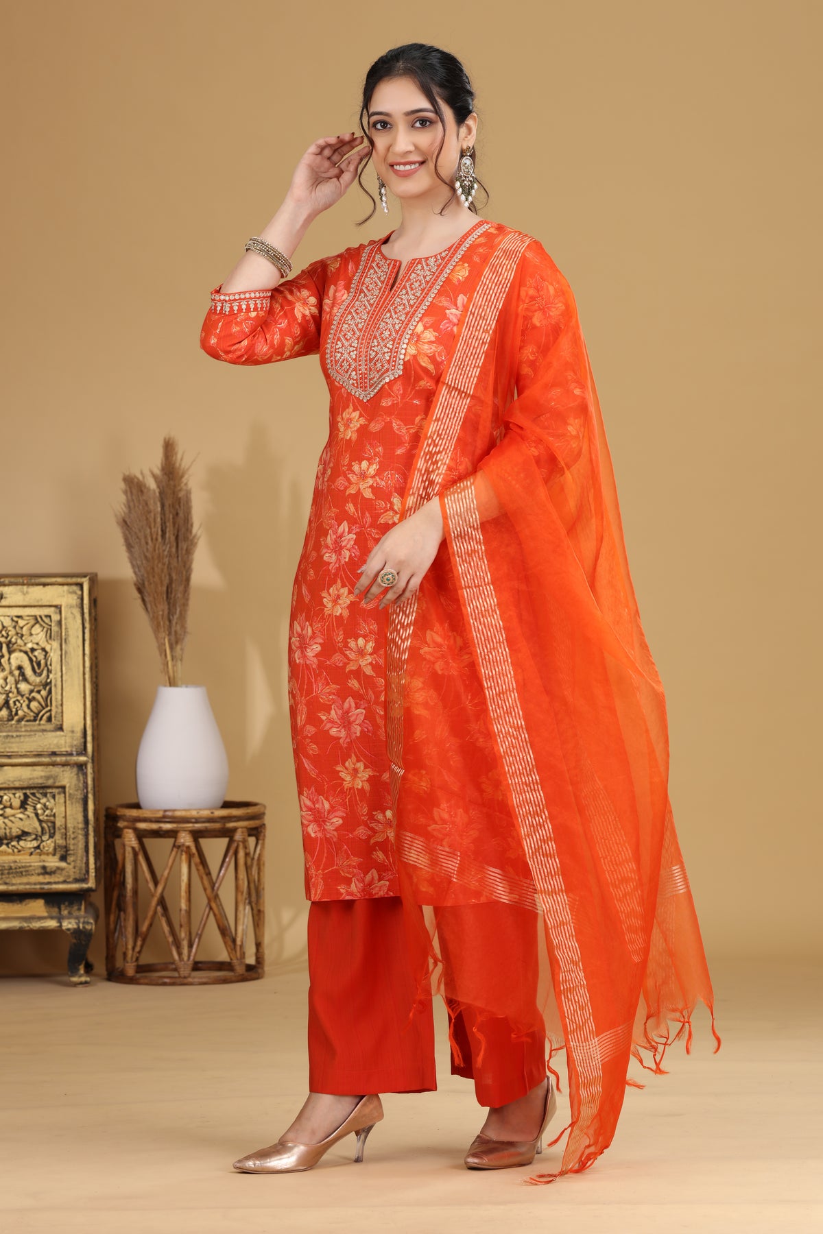 Orange Floral Embroidered Straight Ethnic Set