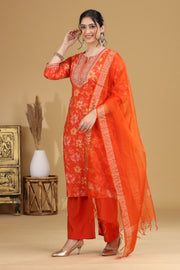 Orange Floral Embroidered Straight Ethnic Set