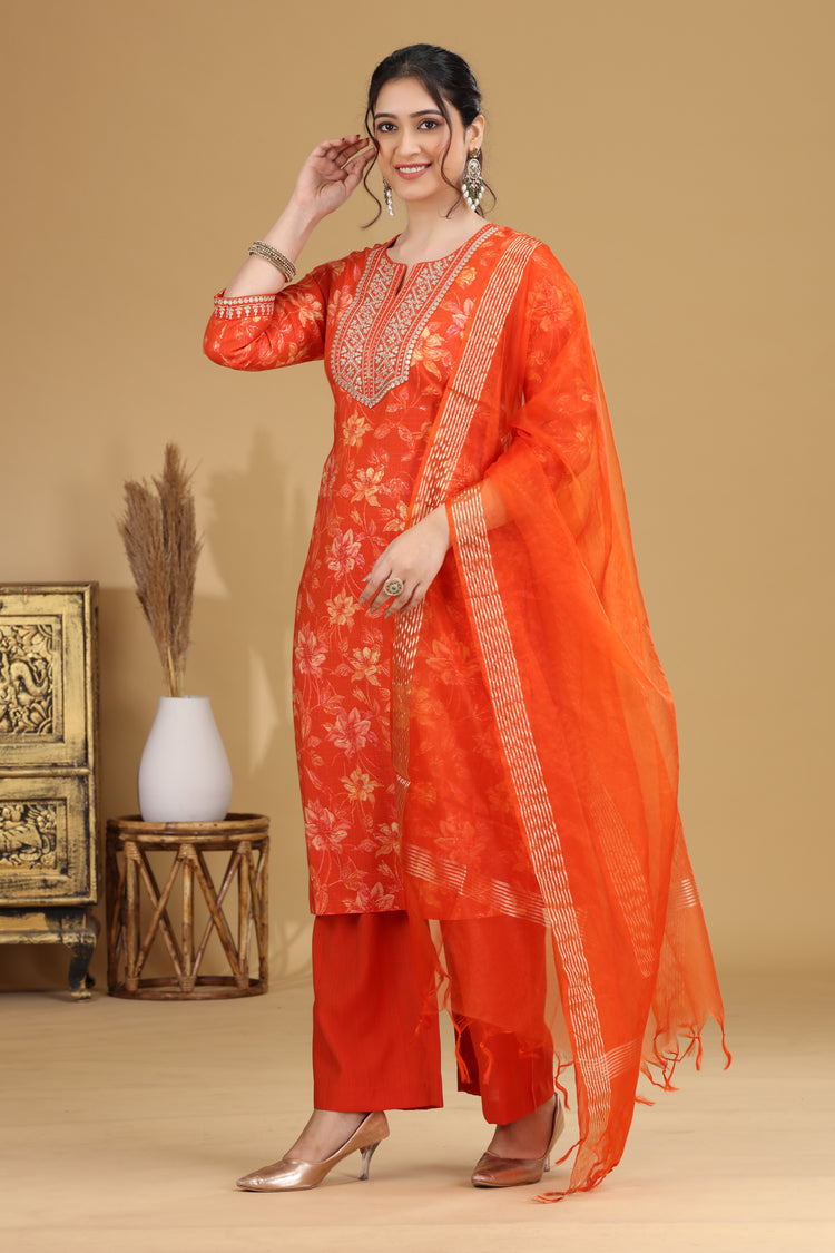 Orange Floral Embroidered Straight Ethnic Set