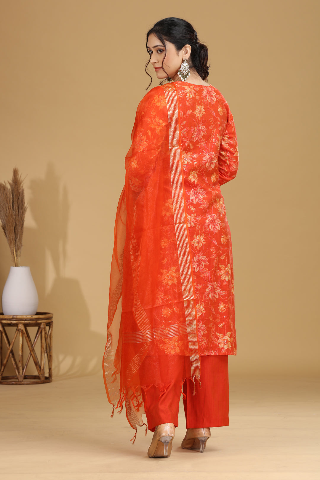 Orange Floral Embroidered Straight Ethnic Set