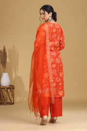 Orange Floral Embroidered Straight Ethnic Set