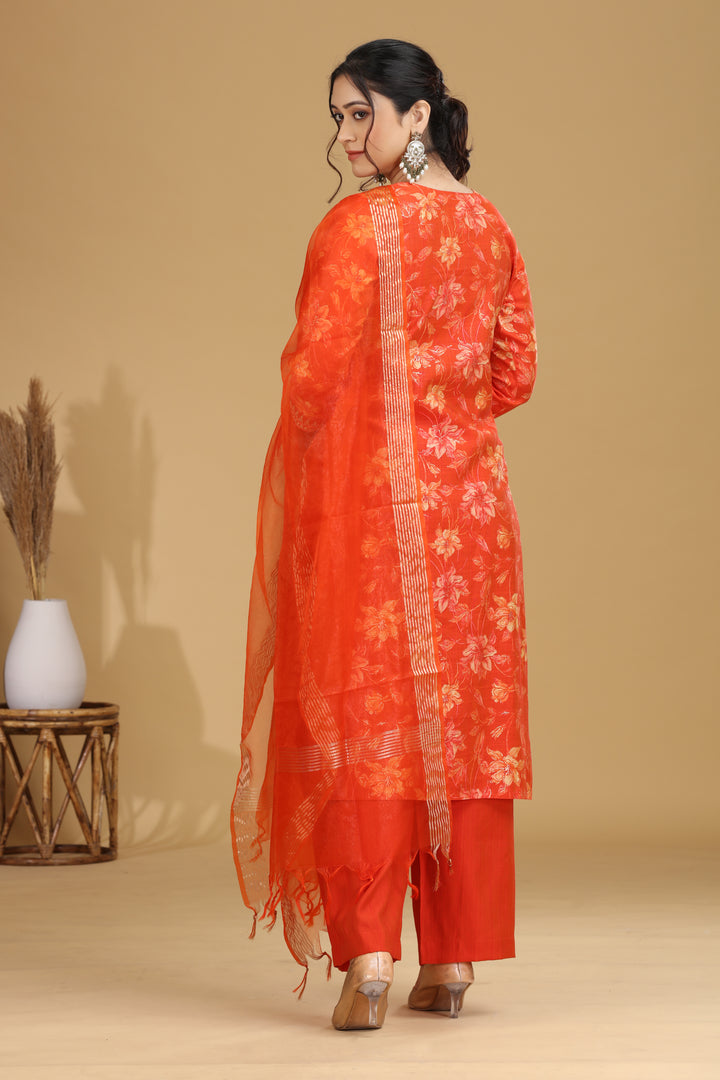 Orange Floral Embroidered Straight Ethnic Set
