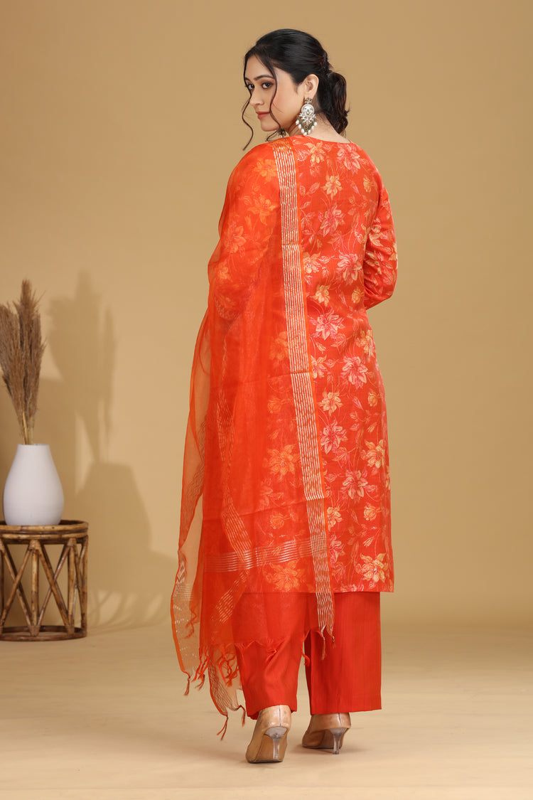 Orange Floral Embroidered Straight Ethnic Set