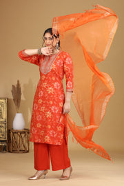 Orange Floral Embroidered Straight Ethnic Set