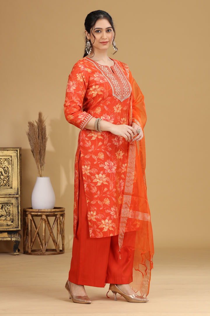 Orange Floral Embroidered Straight Ethnic Set