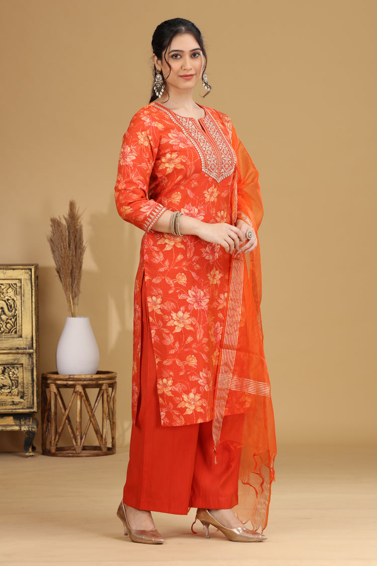 Orange Floral Embroidered Straight Ethnic Set