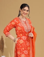 Orange Floral Embroidered Straight Ethnic Set