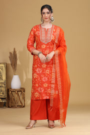 Orange Floral Embroidered Straight Ethnic Set