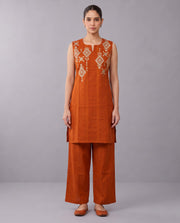 Orange Embroidered Straight Pure Cotton Co-Ord Set