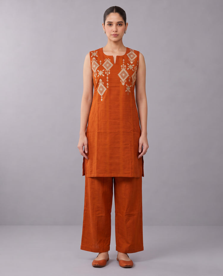 Orange Embroidered Straight Pure Cotton Co-Ord Set