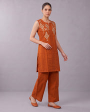Orange Embroidered Straight Pure Cotton Co-Ord Set