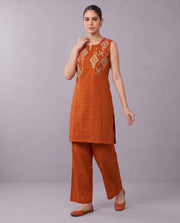 Orange Embroidered Straight Pure Cotton Co-Ord Set