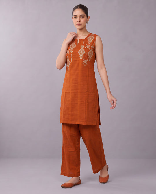 Orange Embroidered Straight Pure Cotton Co-Ord Set