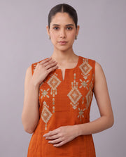 Orange Embroidered Straight Pure Cotton Co-Ord Set