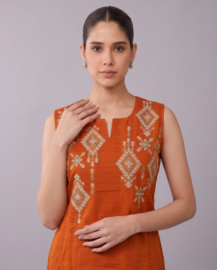 Orange Embroidered Straight Pure Cotton Co-Ord Set