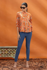 Orange Jaipuri Cotton Floral Printed A Line Short Kurta for women and girls