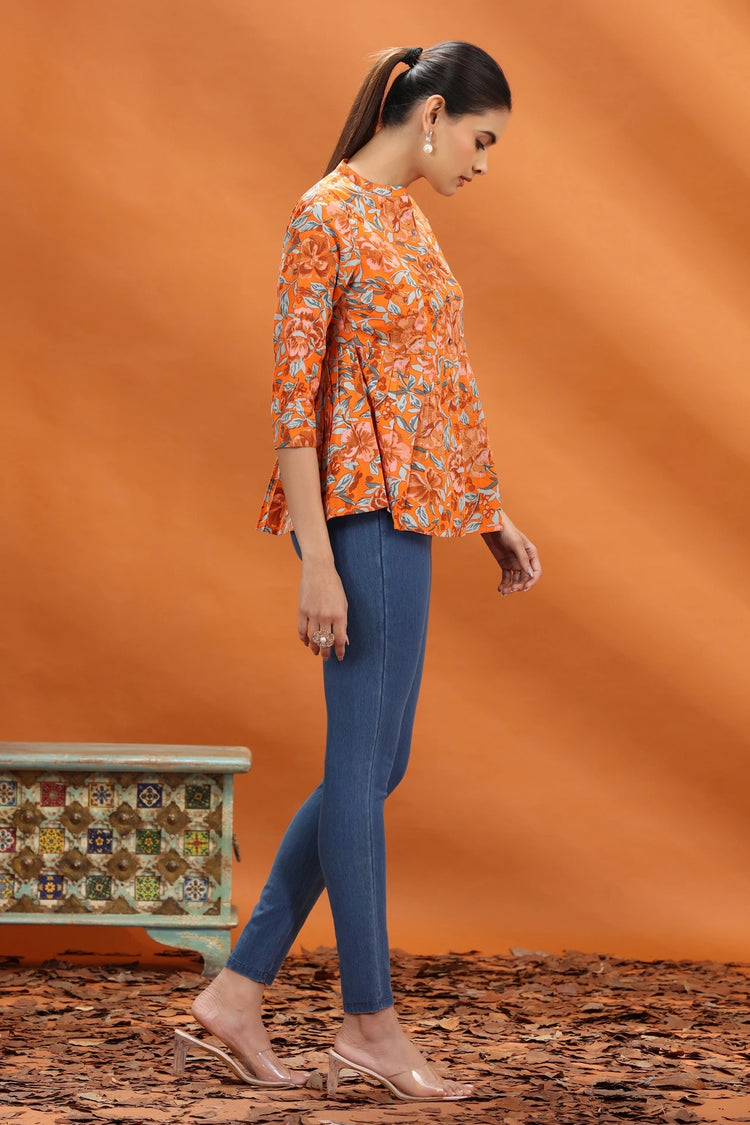 Orange Jaipuri Cotton Floral Printed A Line Short Kurta for women and girls