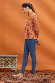 Orange Jaipuri Cotton Floral Printed A Line Short Kurta for women and girls