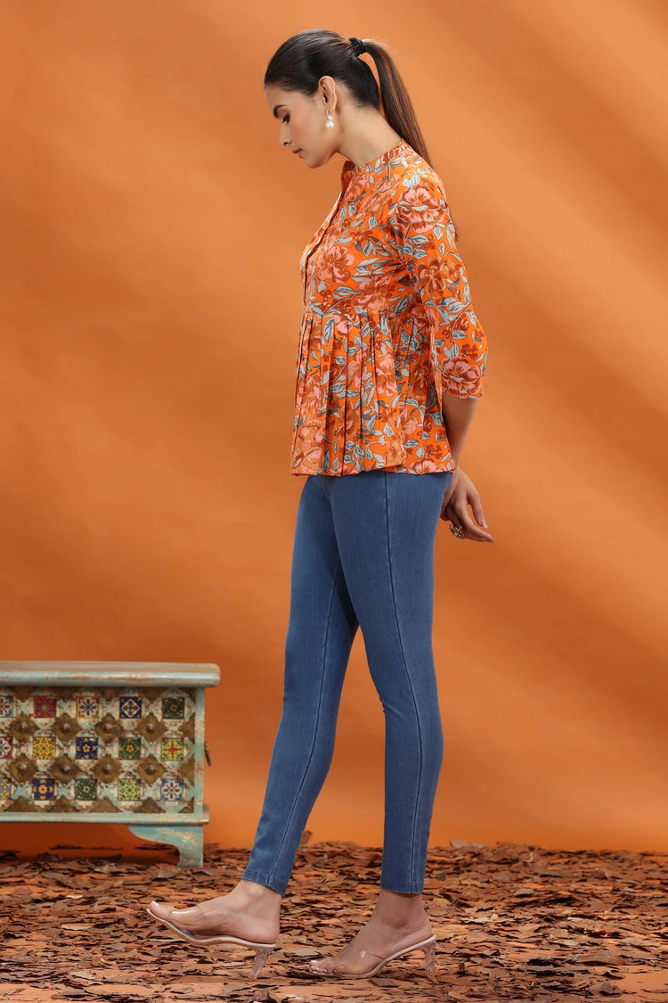 Orange Jaipuri Cotton Floral Printed A Line Short Kurta for women and girls