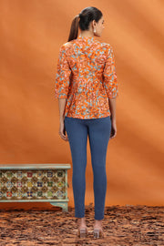 Orange Jaipuri Cotton Floral Printed A Line Short Kurta for women and girls