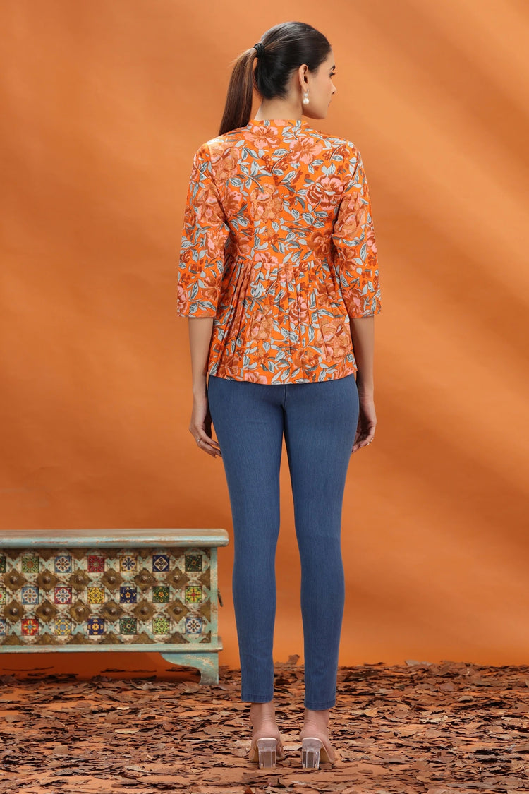 Orange Jaipuri Cotton Floral Printed A Line Short Kurta for women and girls