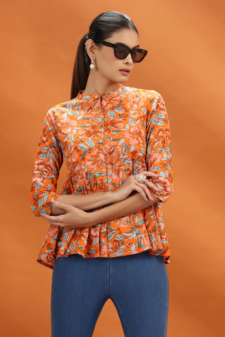 Orange Jaipuri Cotton Floral Printed A Line Short Kurta for women and girls