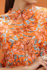 Orange Jaipuri Cotton Floral Printed A Line Short Kurta for women and girls