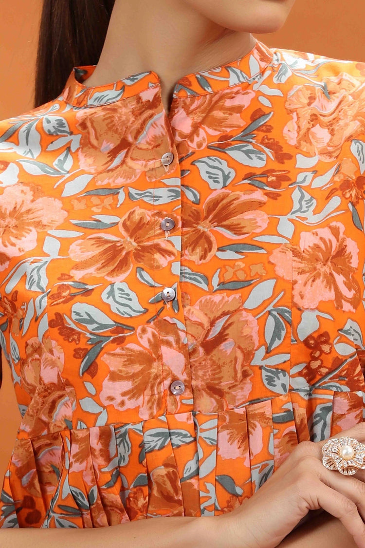 Orange Jaipuri Cotton Floral Printed A Line Short Kurta for women and girls