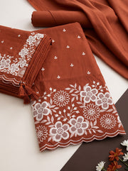 Orange Mulmul Cotton Dress Material With Embroidered Details