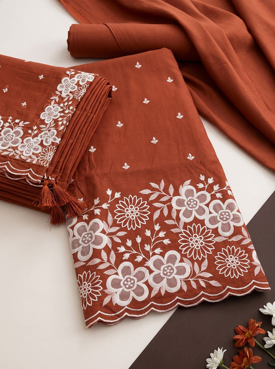 Orange Mulmul Cotton Dress Material With Embroidered Details