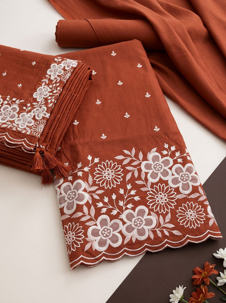 Orange Mulmul Cotton Dress Material With Embroidered Details