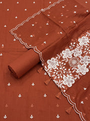 Orange Mulmul Cotton Dress Material With Embroidered Details