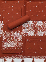 Orange Mulmul Cotton Dress Material With Embroidered Details