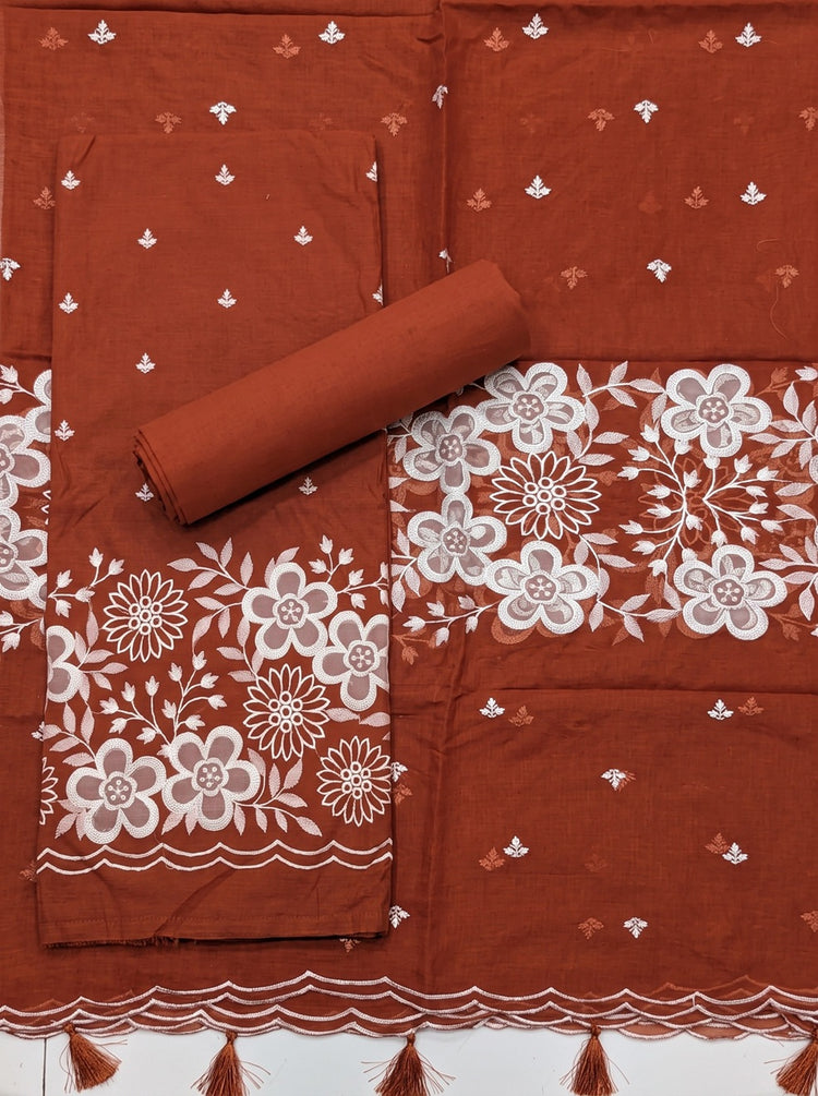 Orange Mulmul Cotton Dress Material With Embroidered Details