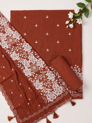 Orange Mulmul Cotton Dress Material With Embroidered Details