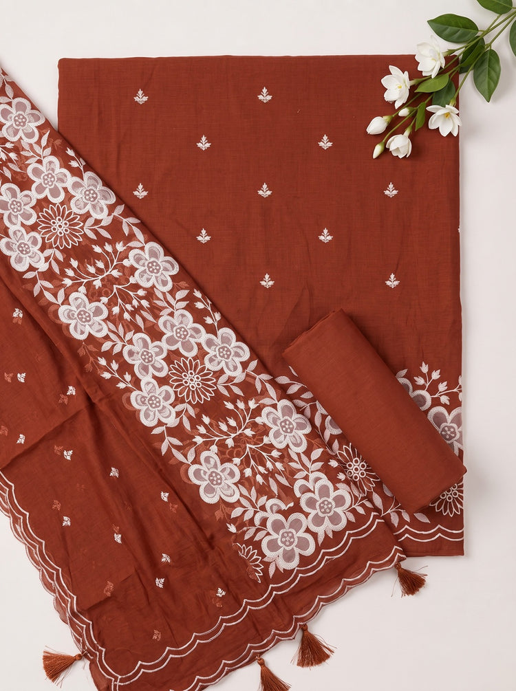 Orange Mulmul Cotton Dress Material With Embroidered Details