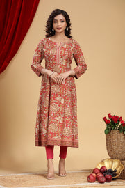 Rust Jaipuri Cotton A Line Printed Kurta